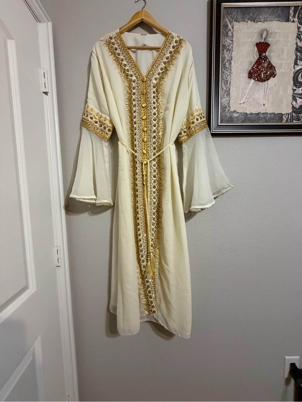 Cream Long Sleeve Embellished Maxi Dress with Gold Trim